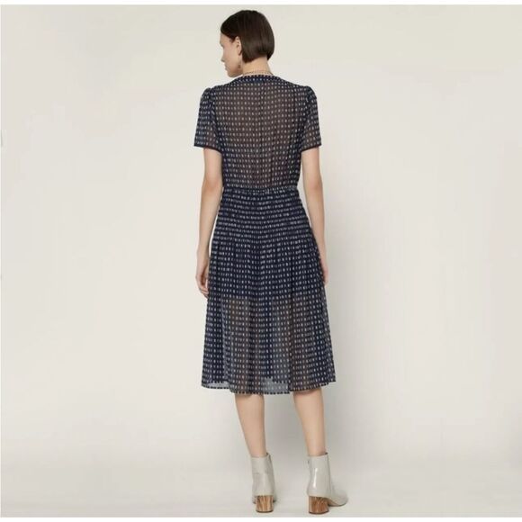 Anthropologie Current Air Dark Navy Swiss Dot Smocked Midi Dress| M - Picture 2 of 10